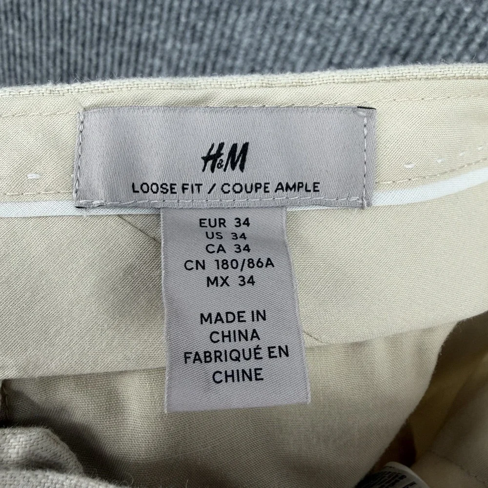 H&M women's 100%‎ linen wide leg trousers cream pleated loose fit size 34 summer